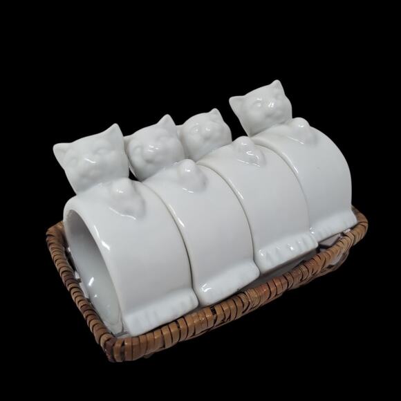 VTG Cat Napkin Rings White Set Of 4 Porcelain Ceramic With Basket Holidays - Picture 1 of 15